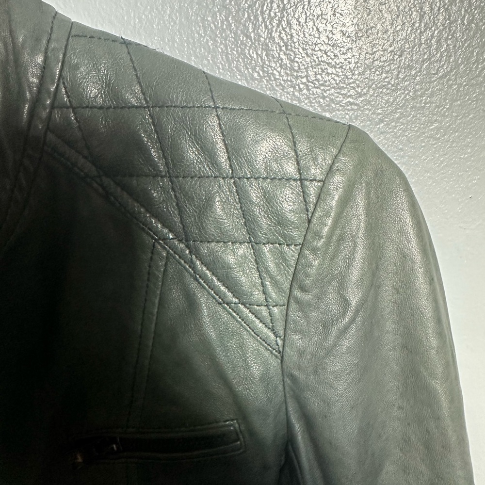 Women's S Leather Jacket Zip Moto Green Distressed - Picture 5 of 8